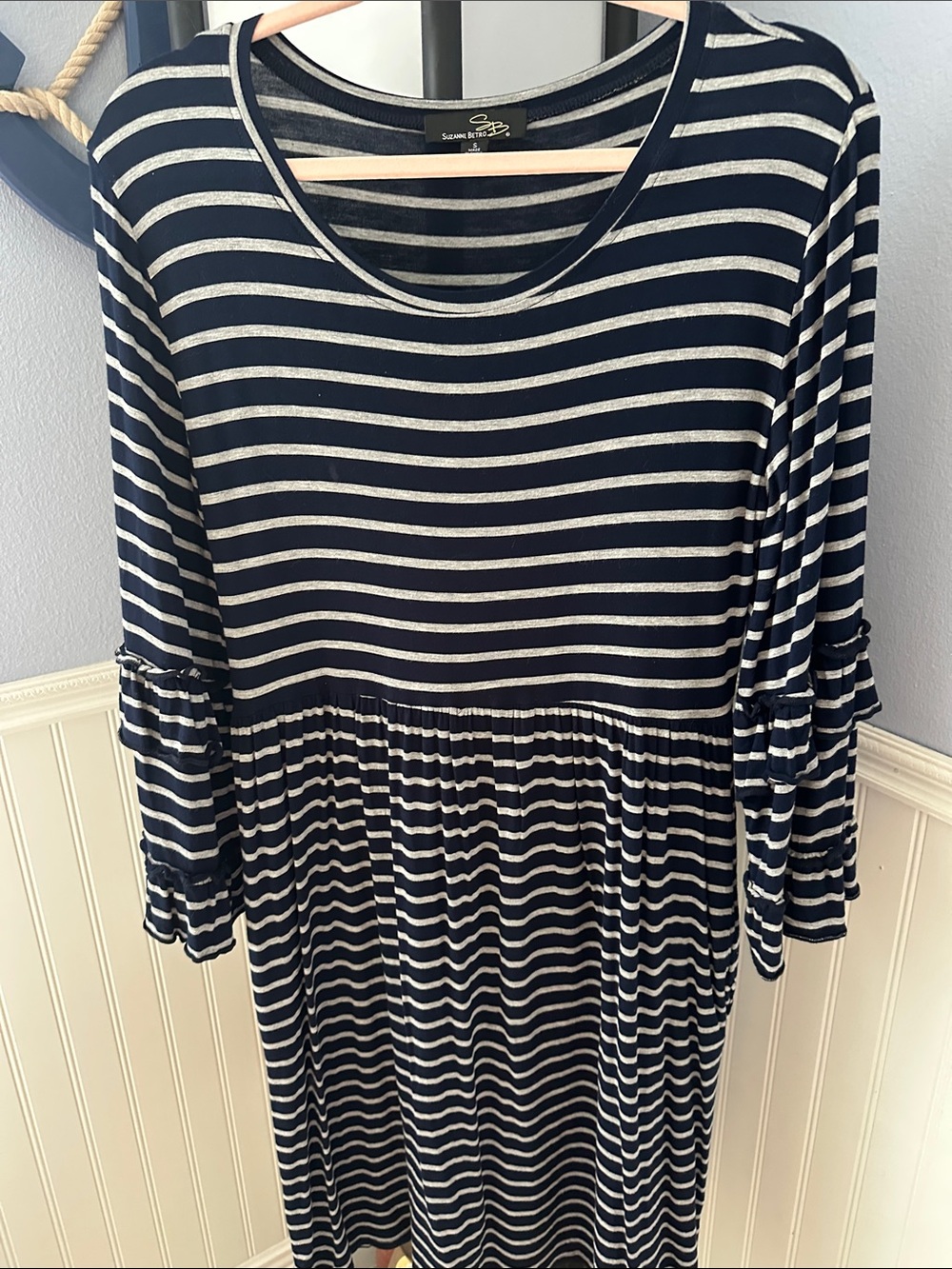 Suzanne Betro Navy and White Striped Midi Dress